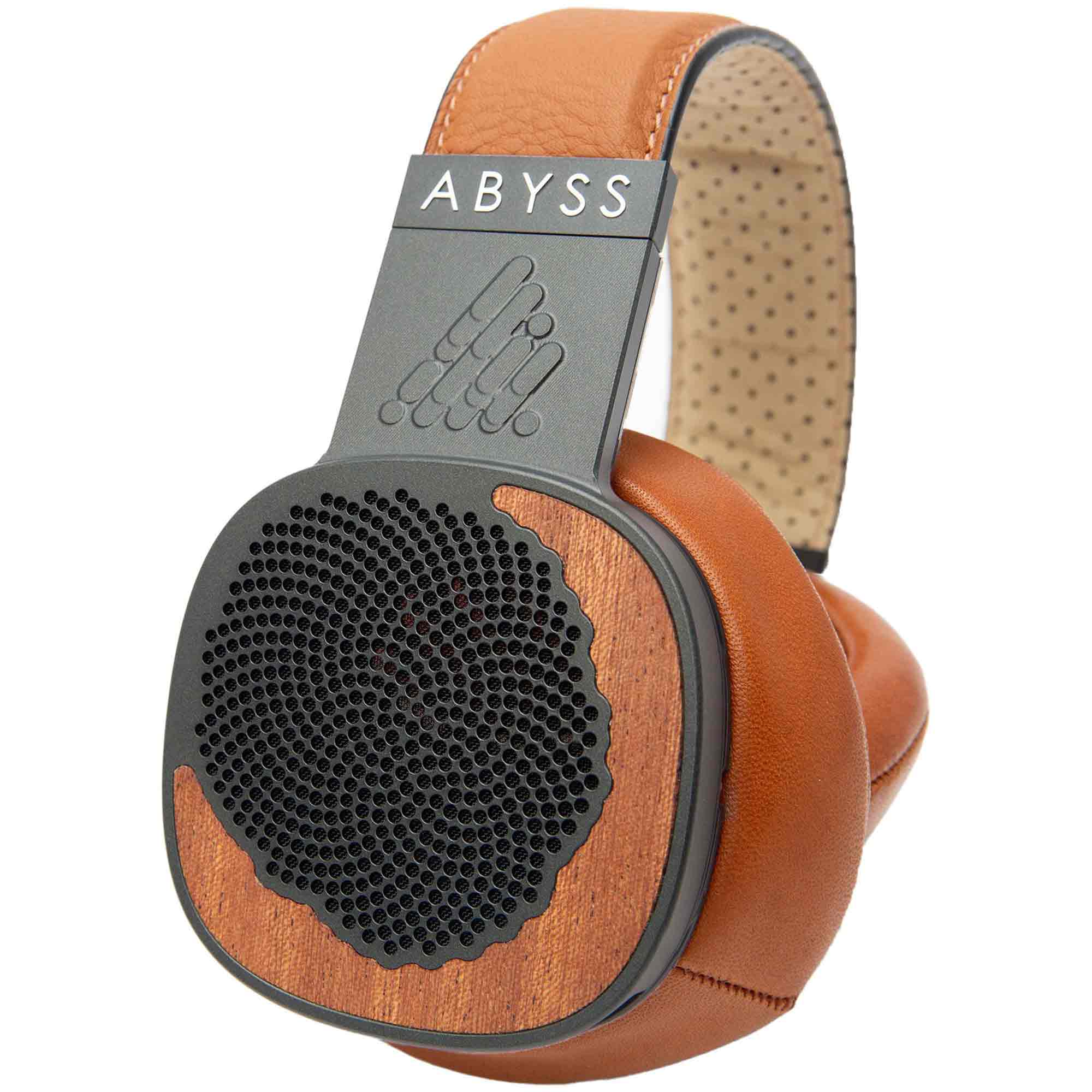 Abyss Diana MR Planar Magnetic Headphones with wood accents and perforated brown leather headband close-up view