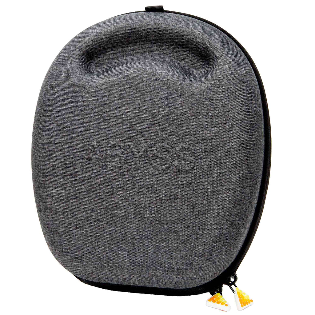 Gray fabric carrying case with embossed Abyss logo designed for Abyss Diana MR Planar Magnetic Headphones