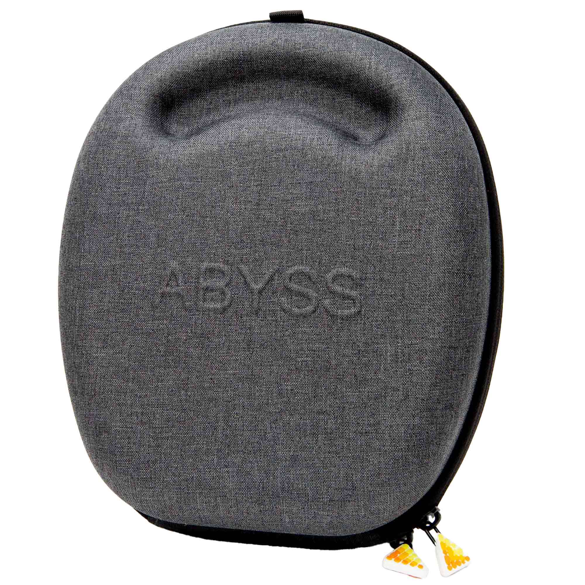 Gray fabric carrying case with embossed Abyss logo designed for Abyss Diana MR Planar Magnetic Headphones
