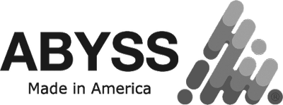 ABYSS Made in America logo with stylized gray gradient shapes forming a unique design on the right side.