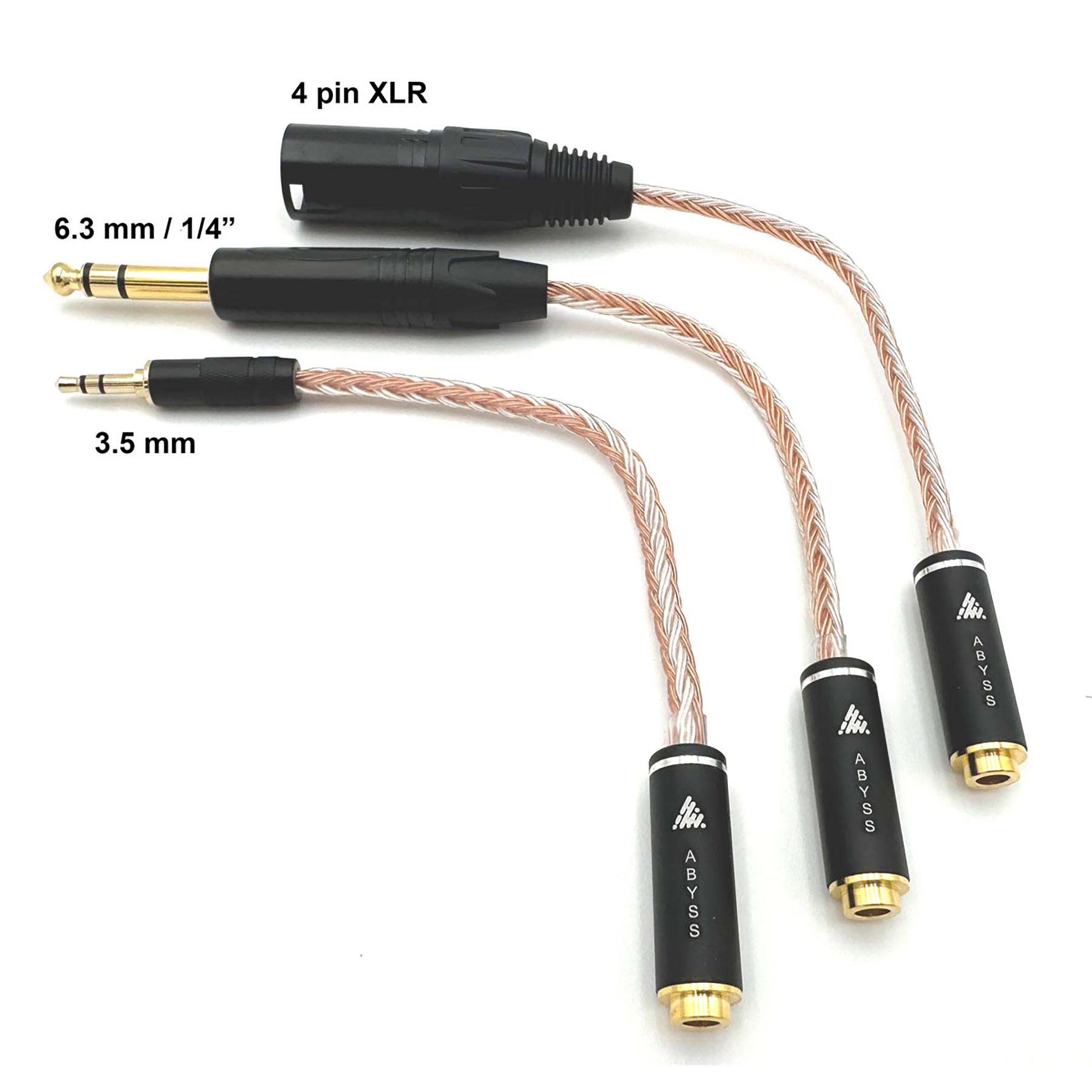 Three black and gold Abyss JOAL High Performance Planar Headphone adapters with 4 pin XLR, 6.3 mm, and 3.5 mm connectors on white background