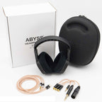 Abyss JOAL High Performance Planar Headphone with carrying case, white box, and multiple audio cables on white background