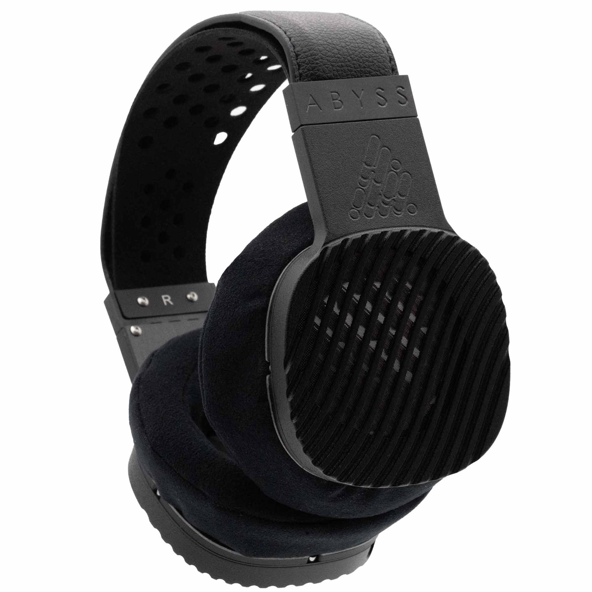 Close-up view of the Abyss JOAL High Performance Planar Headphone showing black open-back ear cups and padded headband