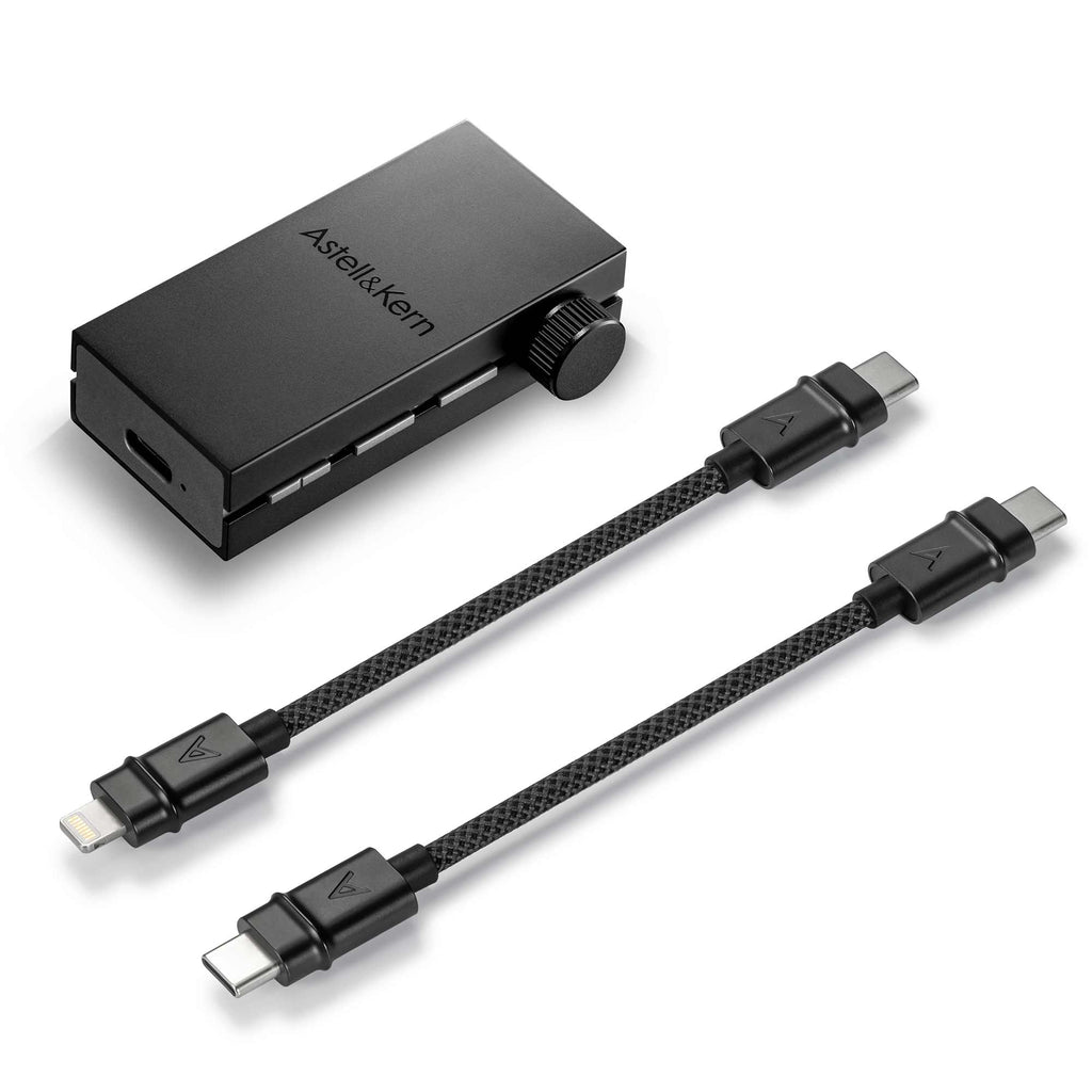 Astell&Kern AK HB1 Hi-Fi USB DAC with volume knob and two braided USB cables on white background