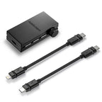 Astell&Kern AK HB1 Hi-Fi USB DAC with volume knob and two braided USB cables on white background