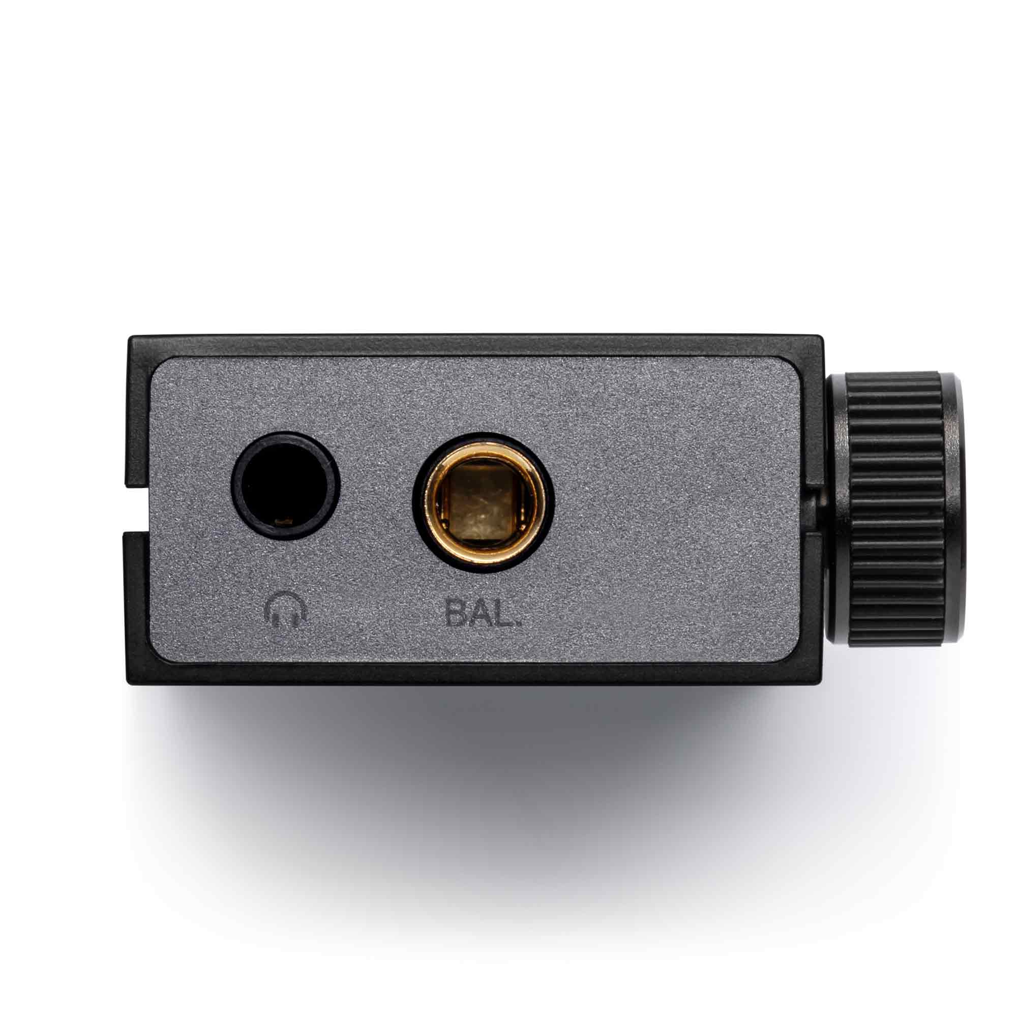 Top view of Astell&Kern AK HB1 Hi-Fi USB DAC showing headphone and balanced output jacks with volume knob