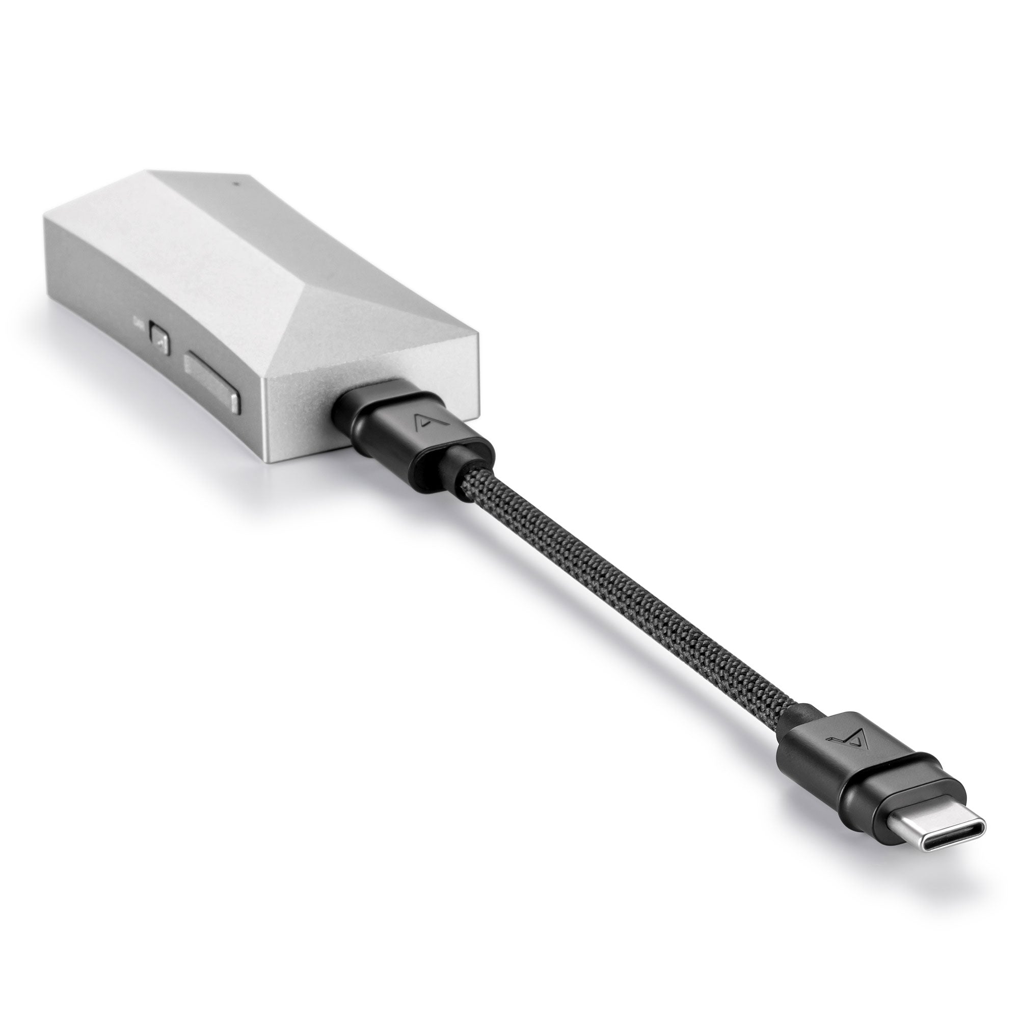 Astell&Kern AK HC4 Hi-Fi USB DAC in silver with braided USB-C cable on a white background