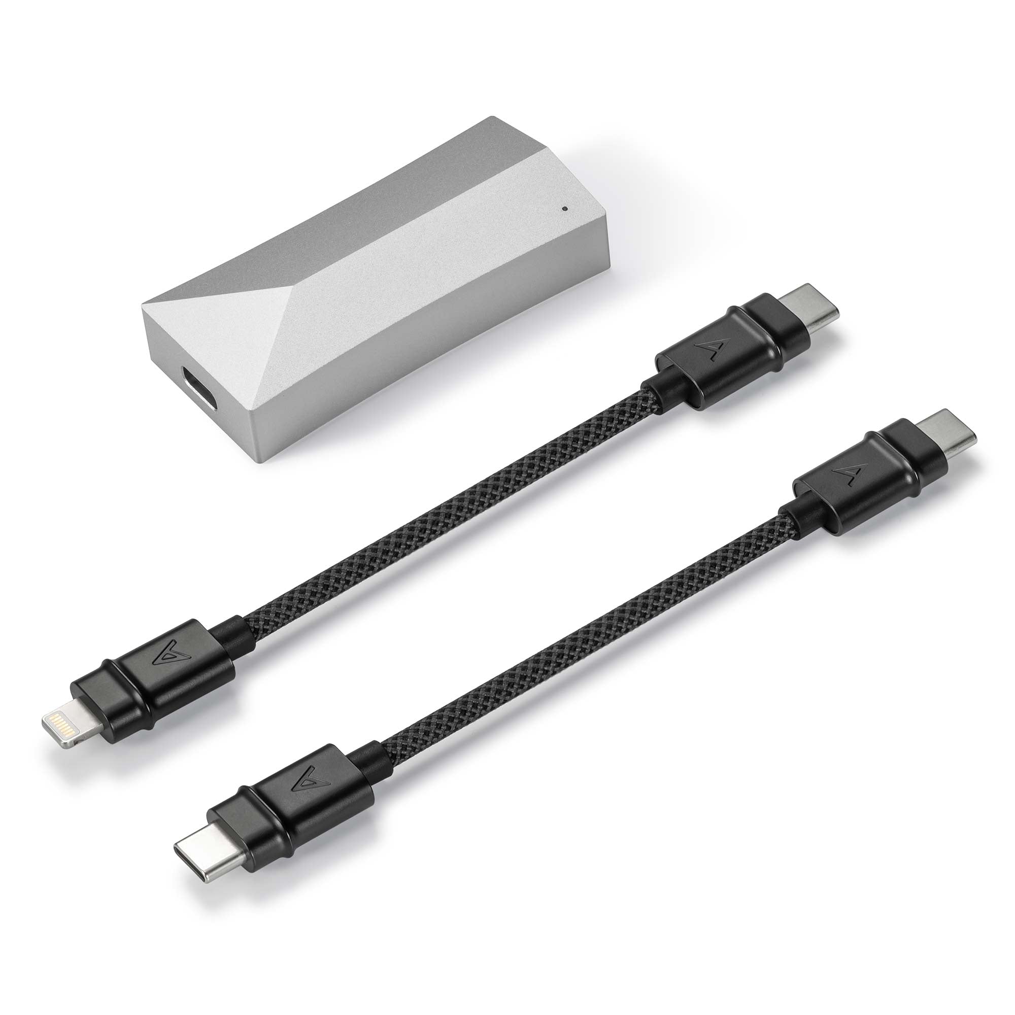 Astell&Kern AK HC4 Hi-Fi USB DAC with two black braided connection cables on a white background