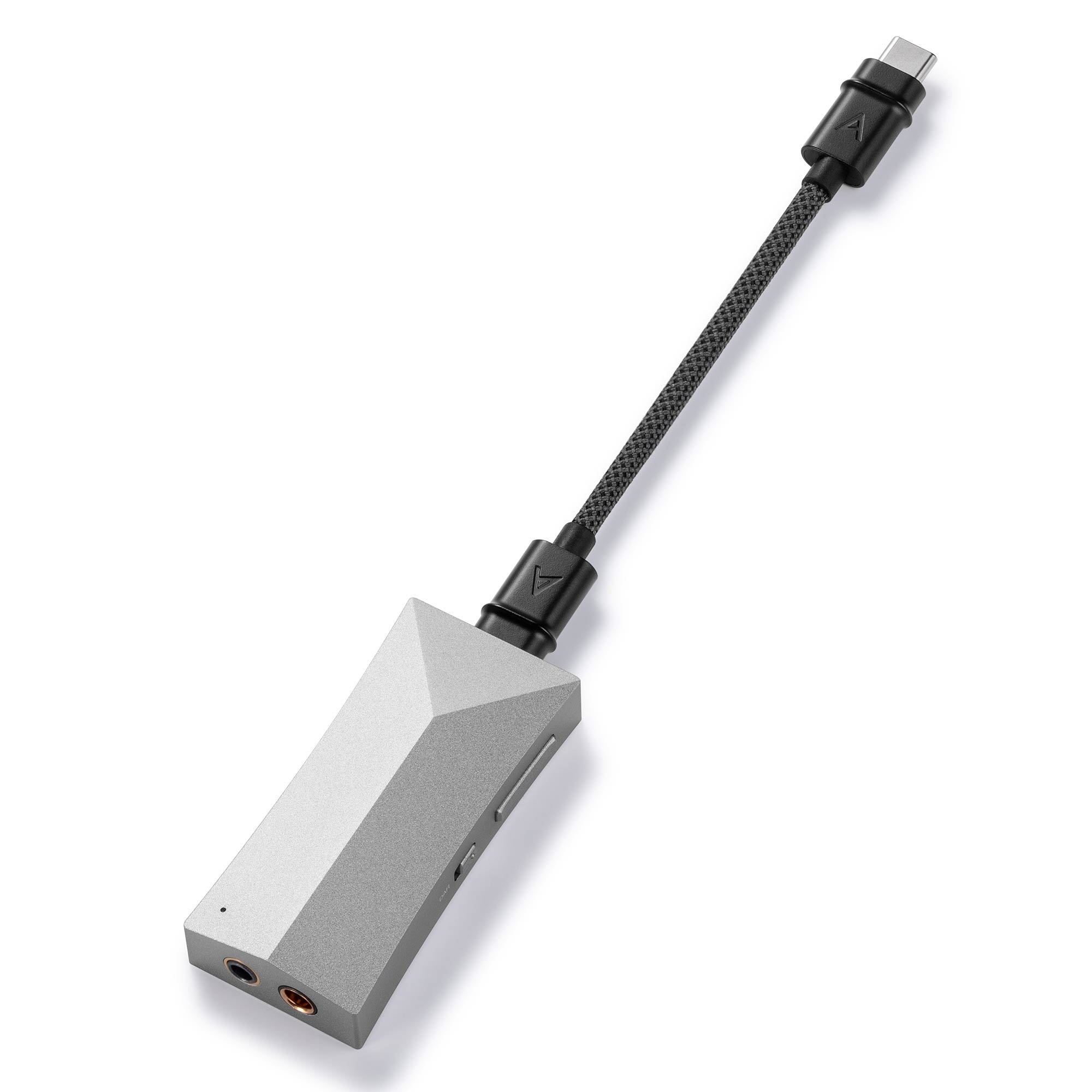 Astell&Kern AK HC4 Hi-Fi USB DAC with a silver body and short braided cable with USB-C connector on white background