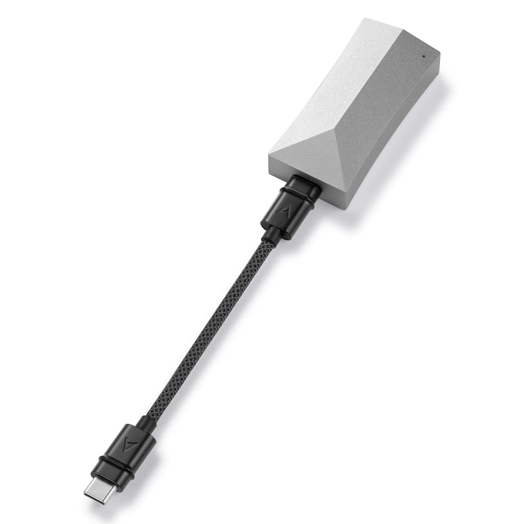 Astell&Kern AK HC4 Hi-Fi USB DAC in silver with braided cable and USB-C connector on white background