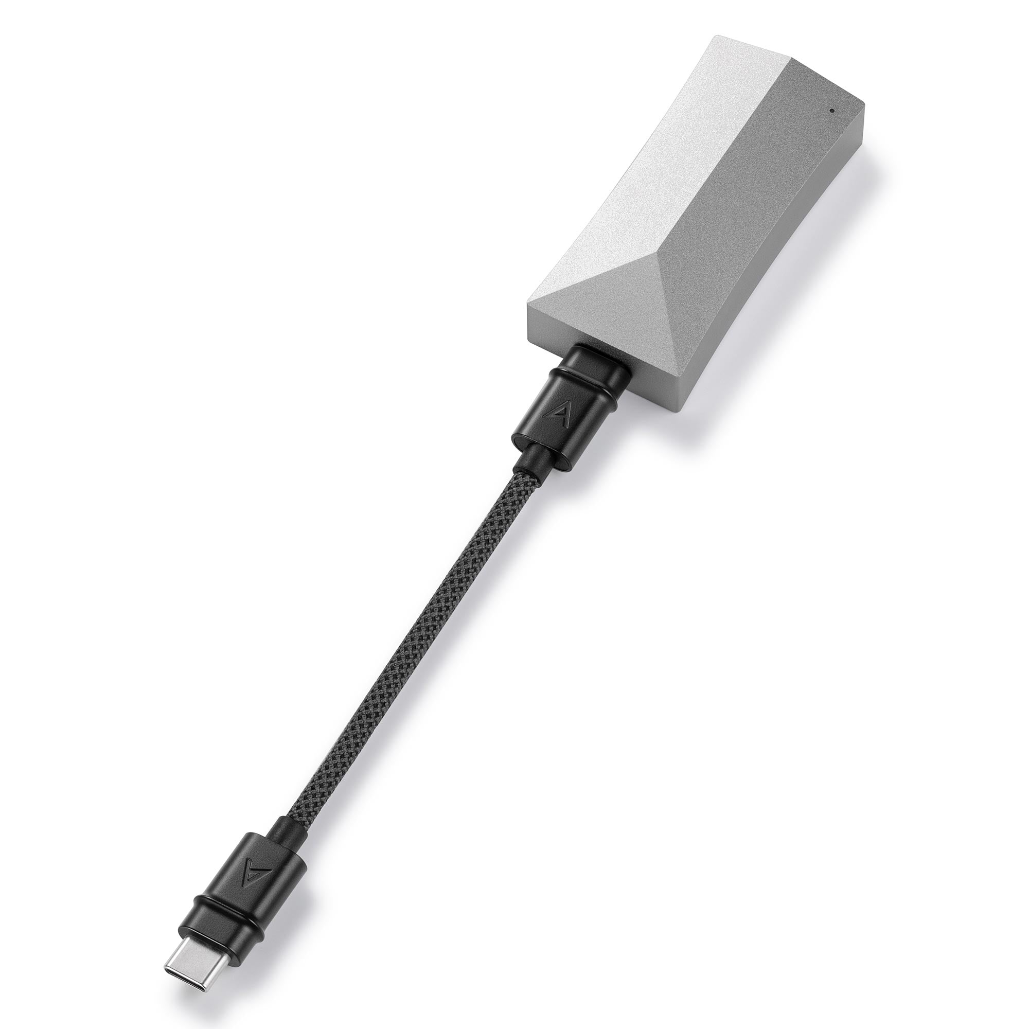 Astell&Kern AK HC4 Hi-Fi USB DAC in silver with braided cable and USB-C connector on white background