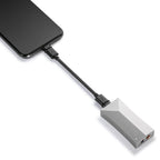 Astell&Kern AK HC4 Hi-Fi USB DAC connected to a smartphone with a black braided cable on white background