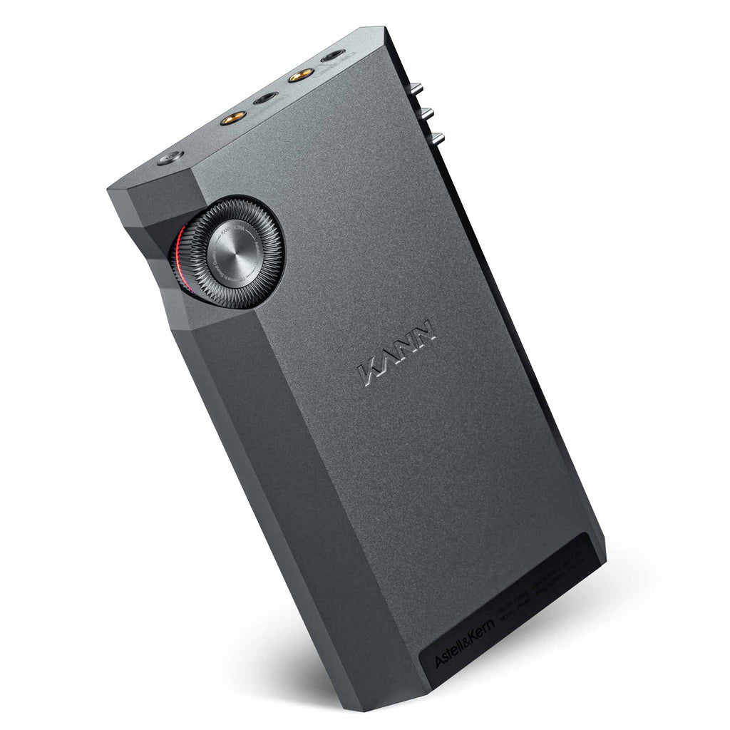 Astell&Kern KANN ULTRA portable audio player with angled volume dial and headphone jacks on top edge against white background