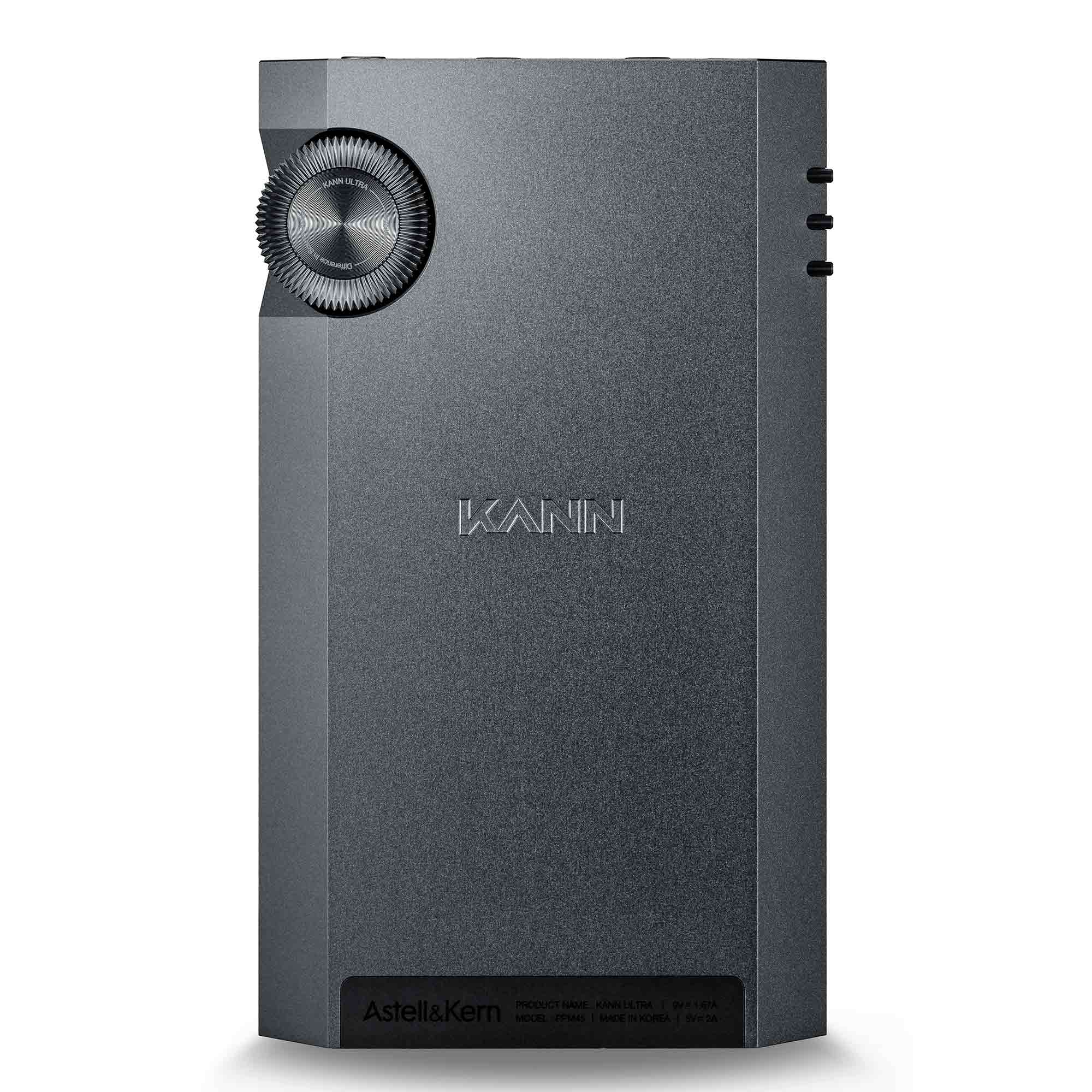 Astell&Kern KANN ULTRA digital audio player with textured volume wheel and minimalist dark gray design on white background