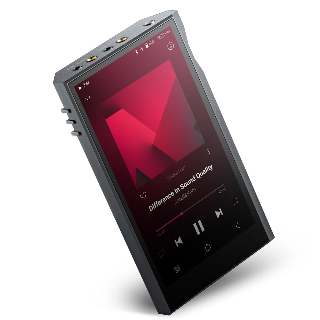 Astell&Kern KANN ULTRA digital audio player angled view with music playback on touchscreen display