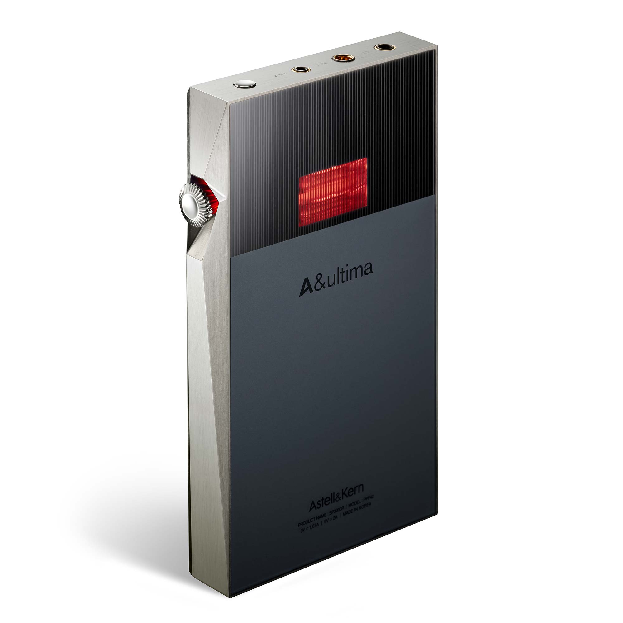 Astell&Kern A&ultima SP3000T Digital Audio Player with volume dial and red illuminated vacuum tube on white background
