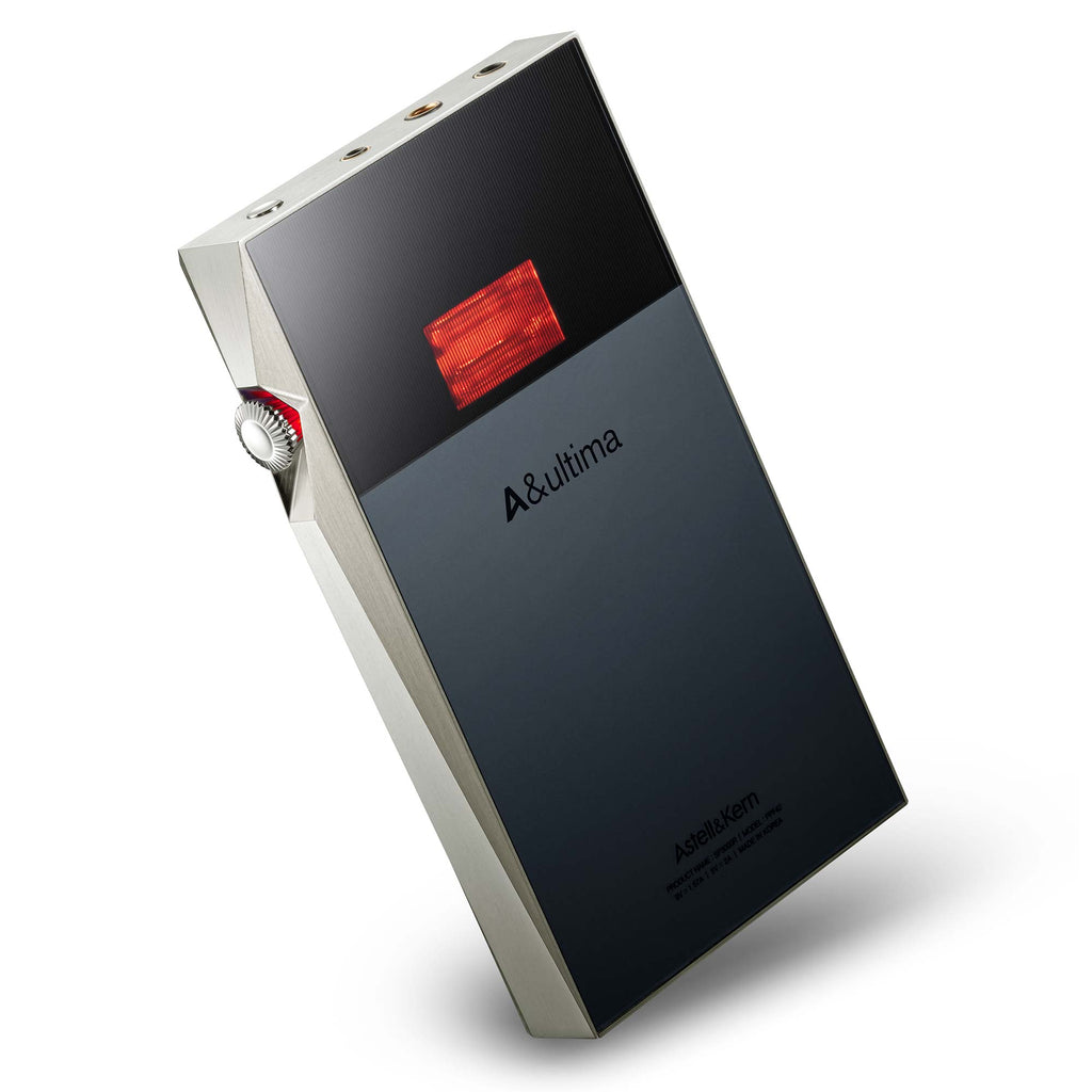 Astell&Kern A&ultima SP3000T Digital Audio Player angled view with red detail and metal volume knob on white background