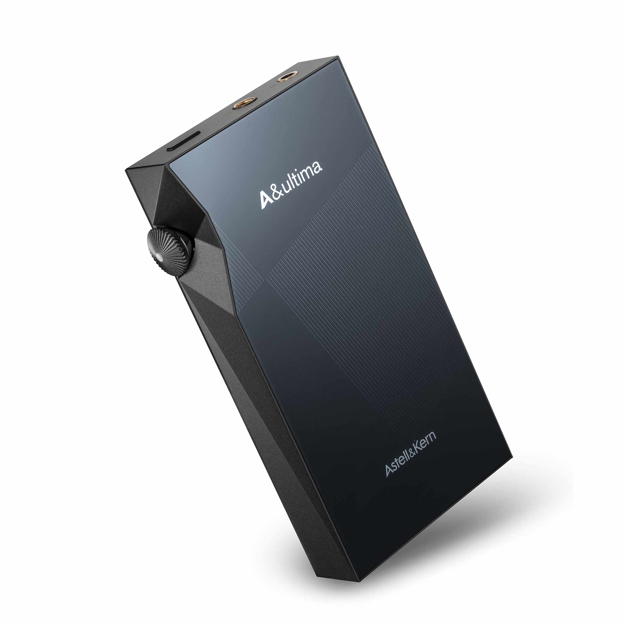 Astell&Kern A&ultima SP3000M Digital Audio Player angled view showing volume knob and top headphone jacks on white background