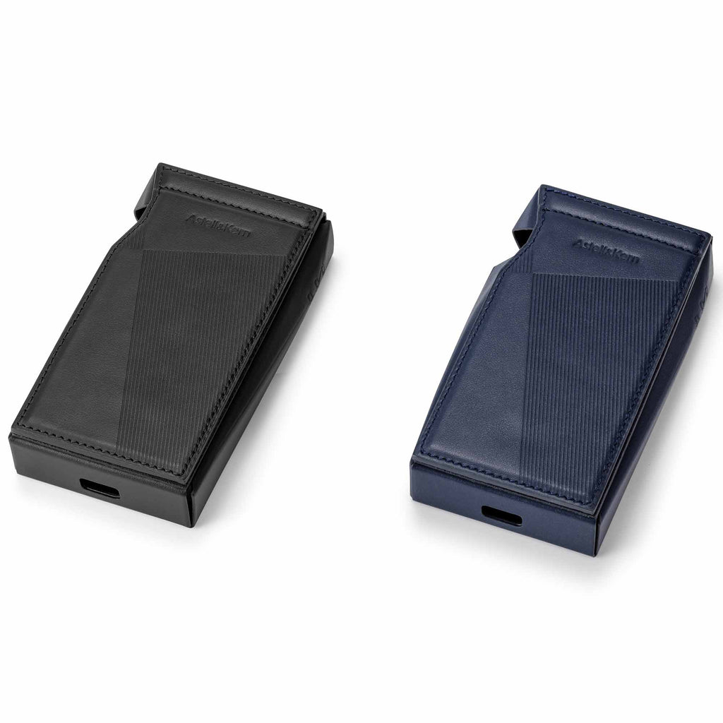 Two Astell&Kern A&ultima SP3000M Leather Cases in black and nocturne blue with textured patterns on a white background