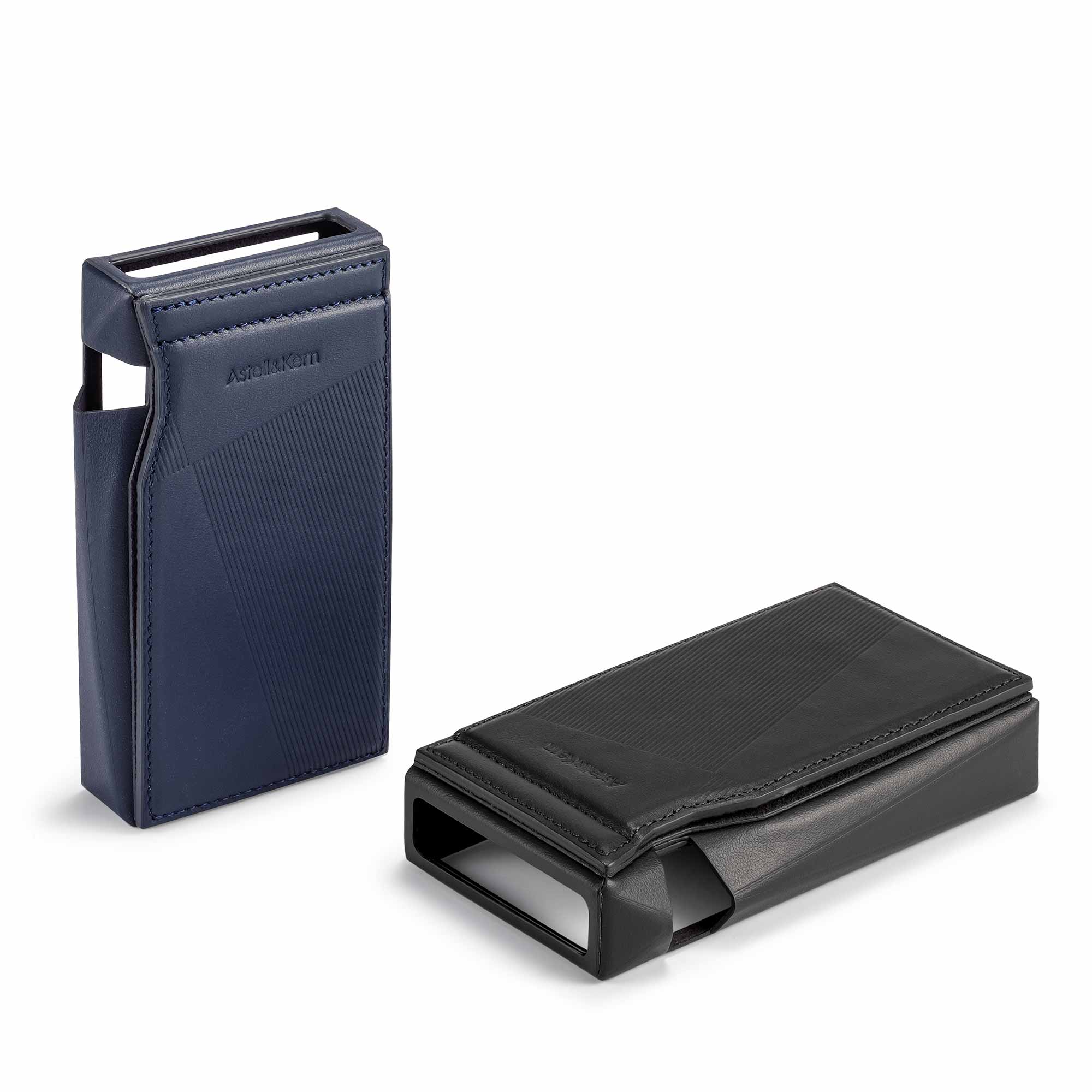 Two Astell&Kern A&ultima SP3000M Leather Cases in black and nocturne colors displayed on white background
