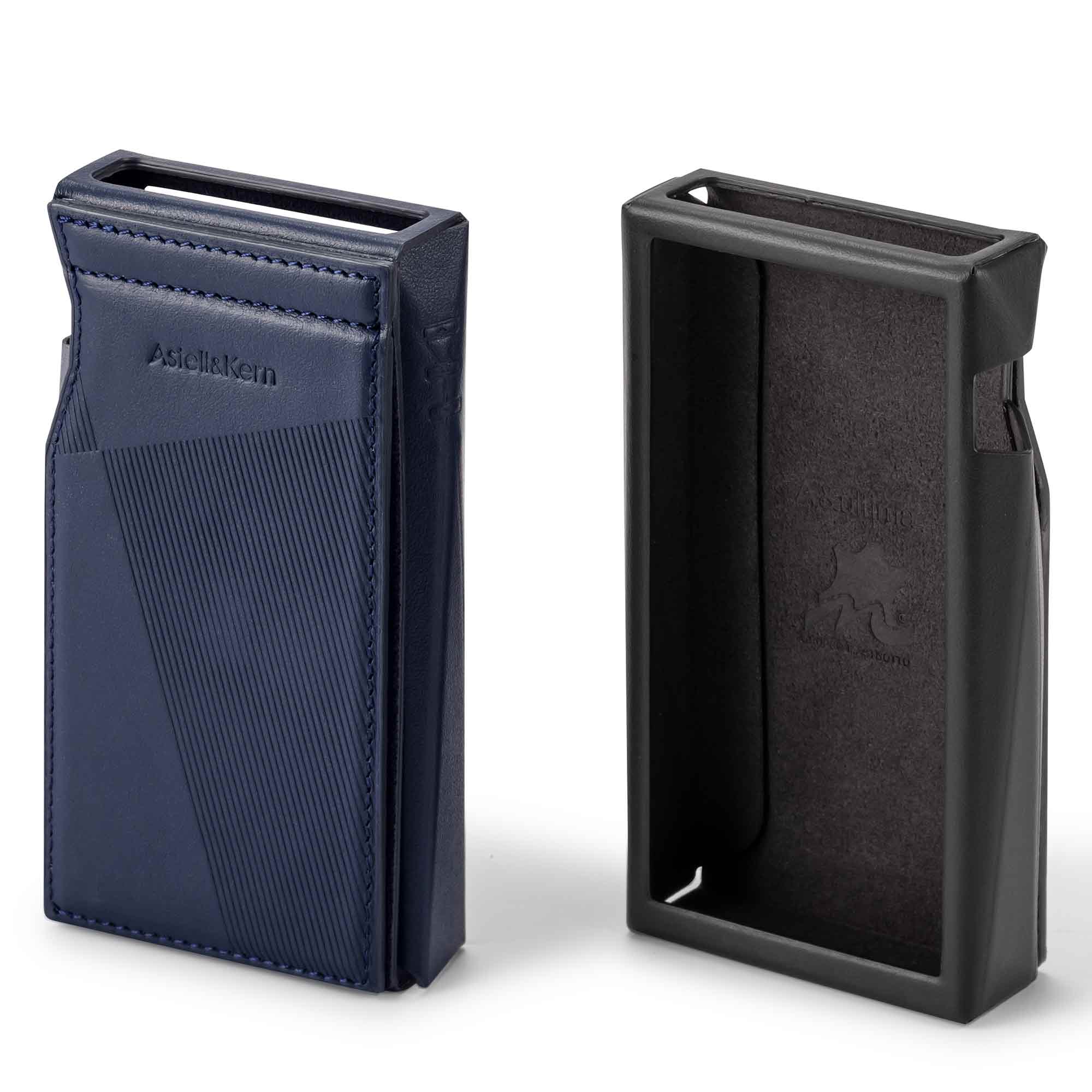 Astell&Kern A&ultima SP3000M Leather Case in black and blue with textured design and embossed logo close-up view