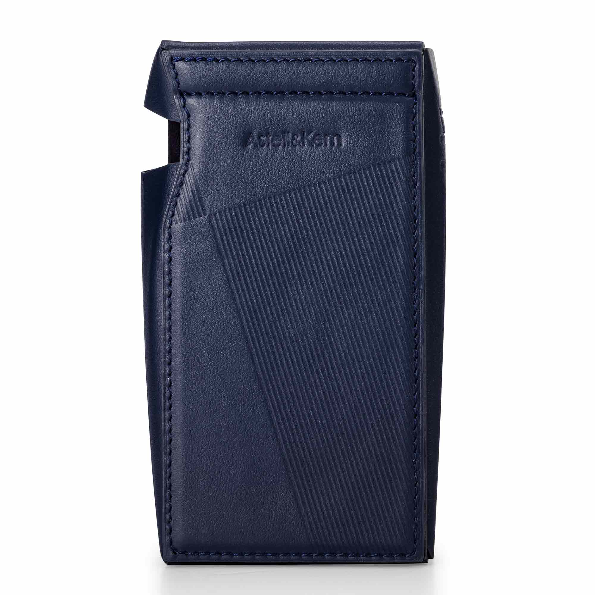 Front view of the navy blue Astell&Kern A&ultima SP3000M Leather Case with embossed logo and textured design