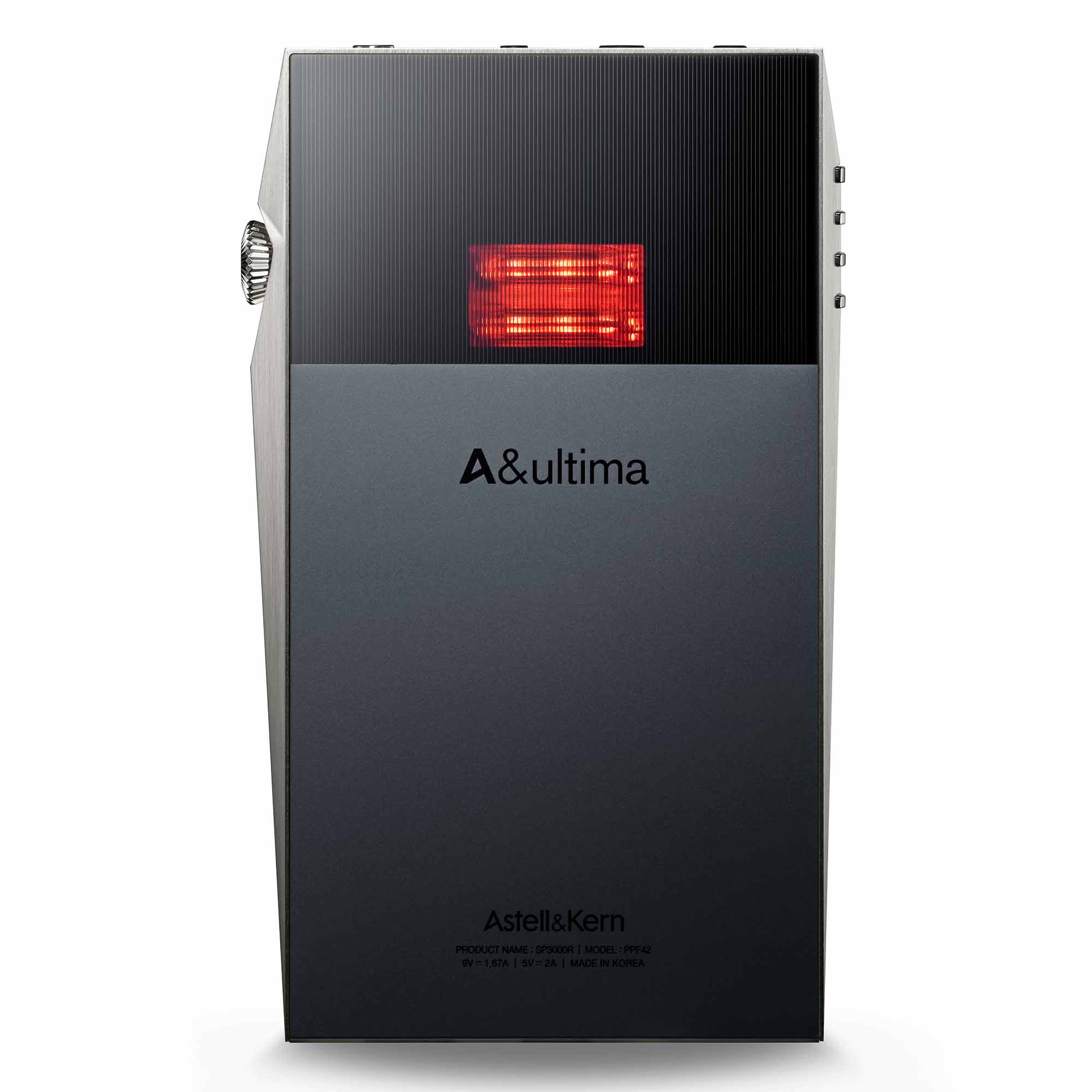 Astell&Kern A&ultima SP3000T Digital Audio Player with illuminated vacuum tube window and sleek dark chassis on white background