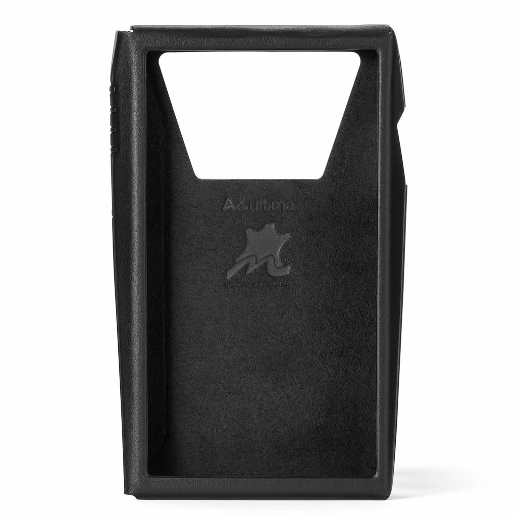 Black genuine leather case designed for the Astell&Kern A&ultima SP3000T Leather Case with cutouts and logo embossed inside