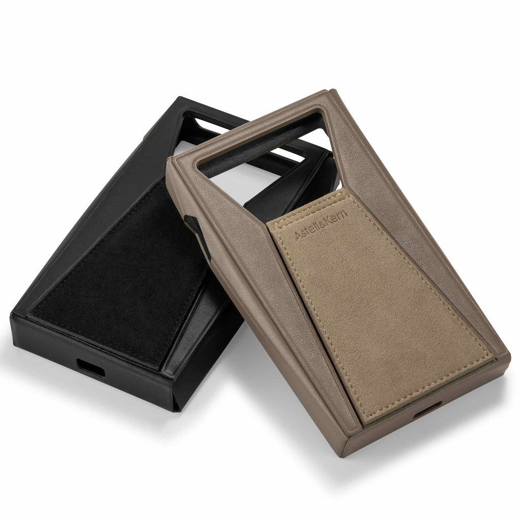Two Astell&Kern A&ultima SP3000T Leather Case options in black and brown genuine leather on a white background