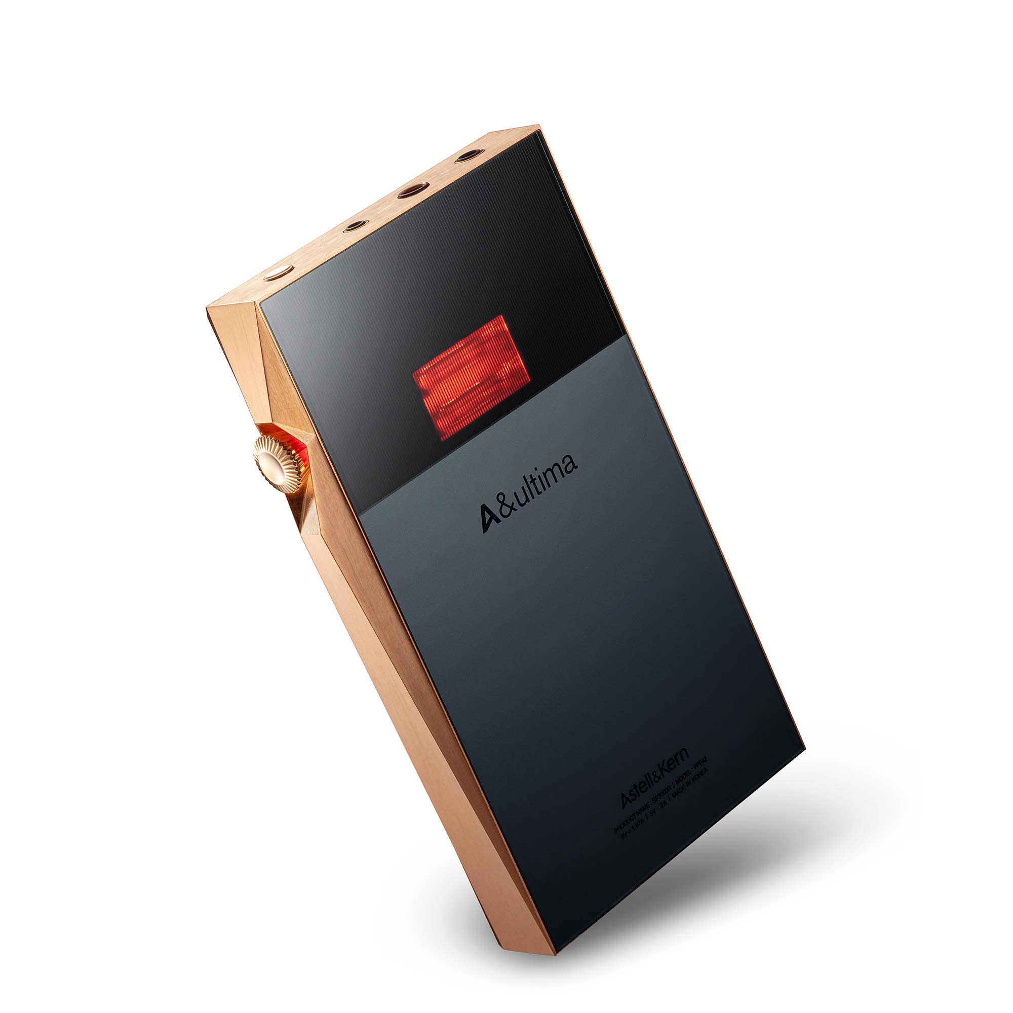 Astell&Kern A&ultima SP3000T Digital Audio Player with rose gold frame and black front panel angled on white background