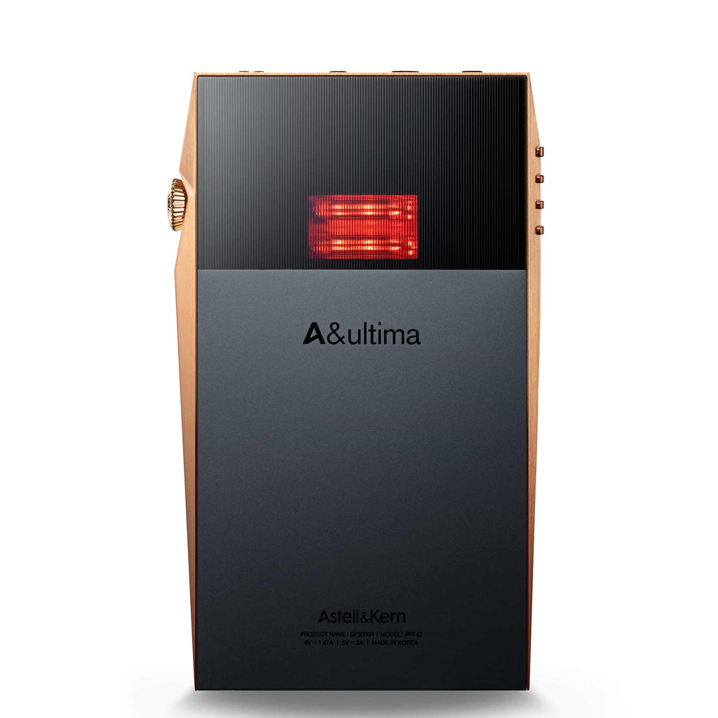 Astell&Kern A&ultima SP3000T Digital Audio Player with glowing vacuum tube and metal accents on white background