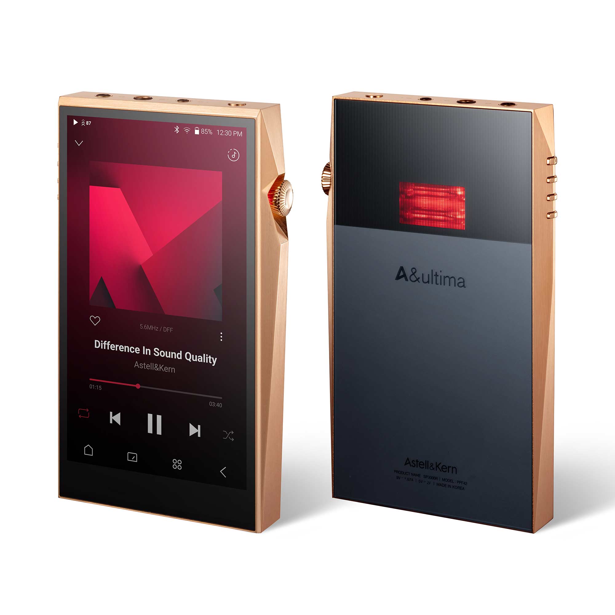 Astell&Kern A&ultima SP3000T Digital Audio Player showing front touchscreen and back design with illuminated panel