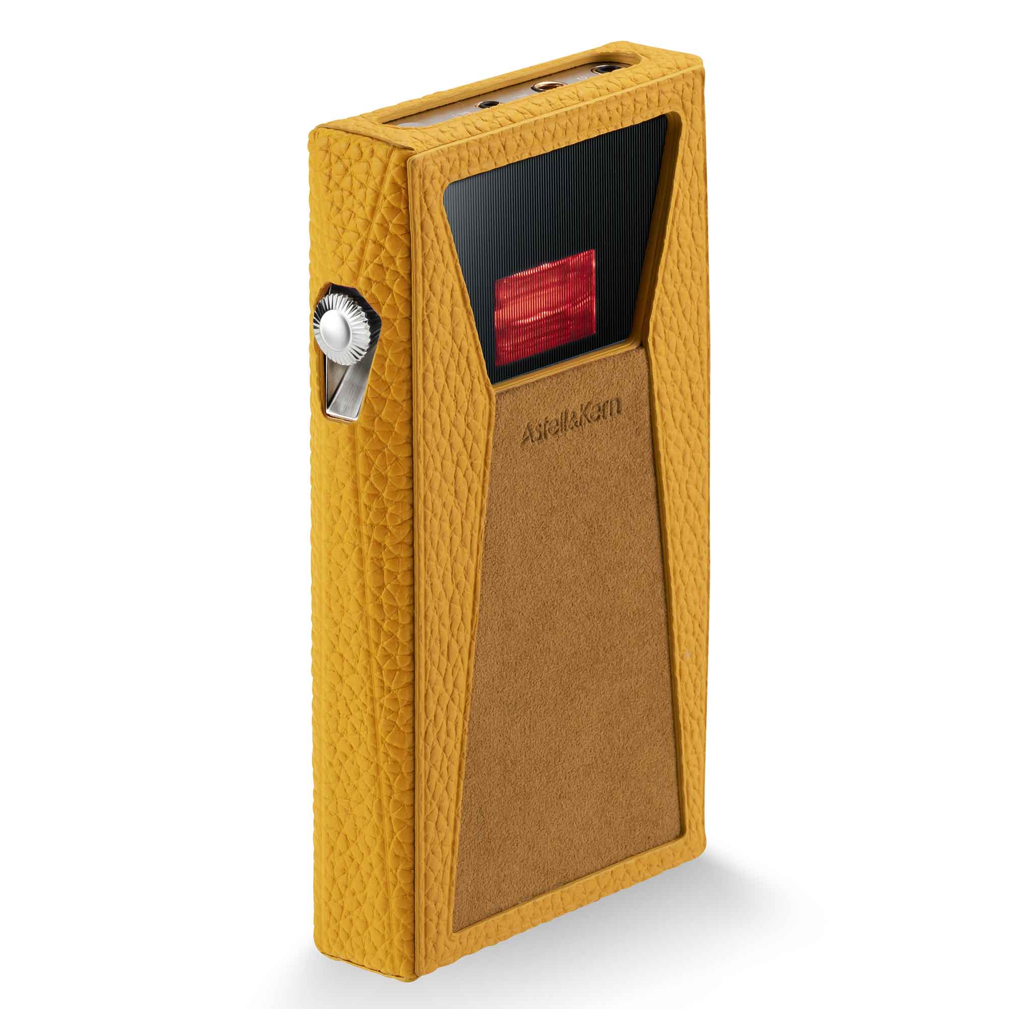 Astell&Kern A&ultima SP3000T Digital Audio Player with textured yellow leather and visible vacuum tube amplifier on white background