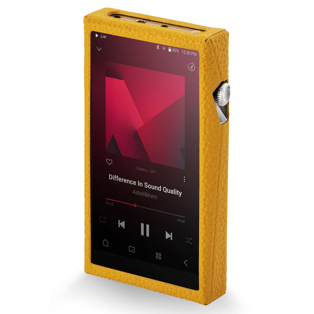 Astell&Kern A&ultima SP3000T Digital Audio Player in a textured yellow case displaying music playback screen