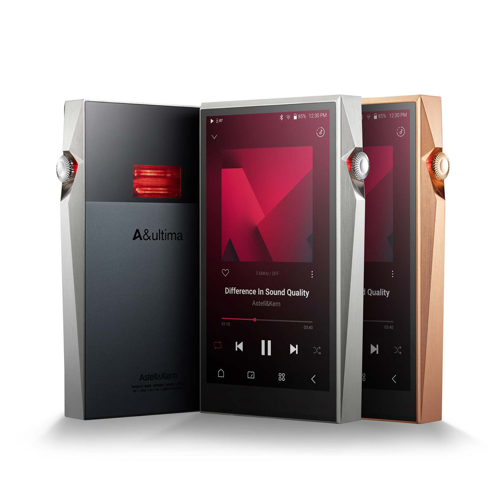 Astell&Kern A&ultima SP3000T Digital Audio Player with touchscreen and distinctive volume knob in silver and bronze finishes