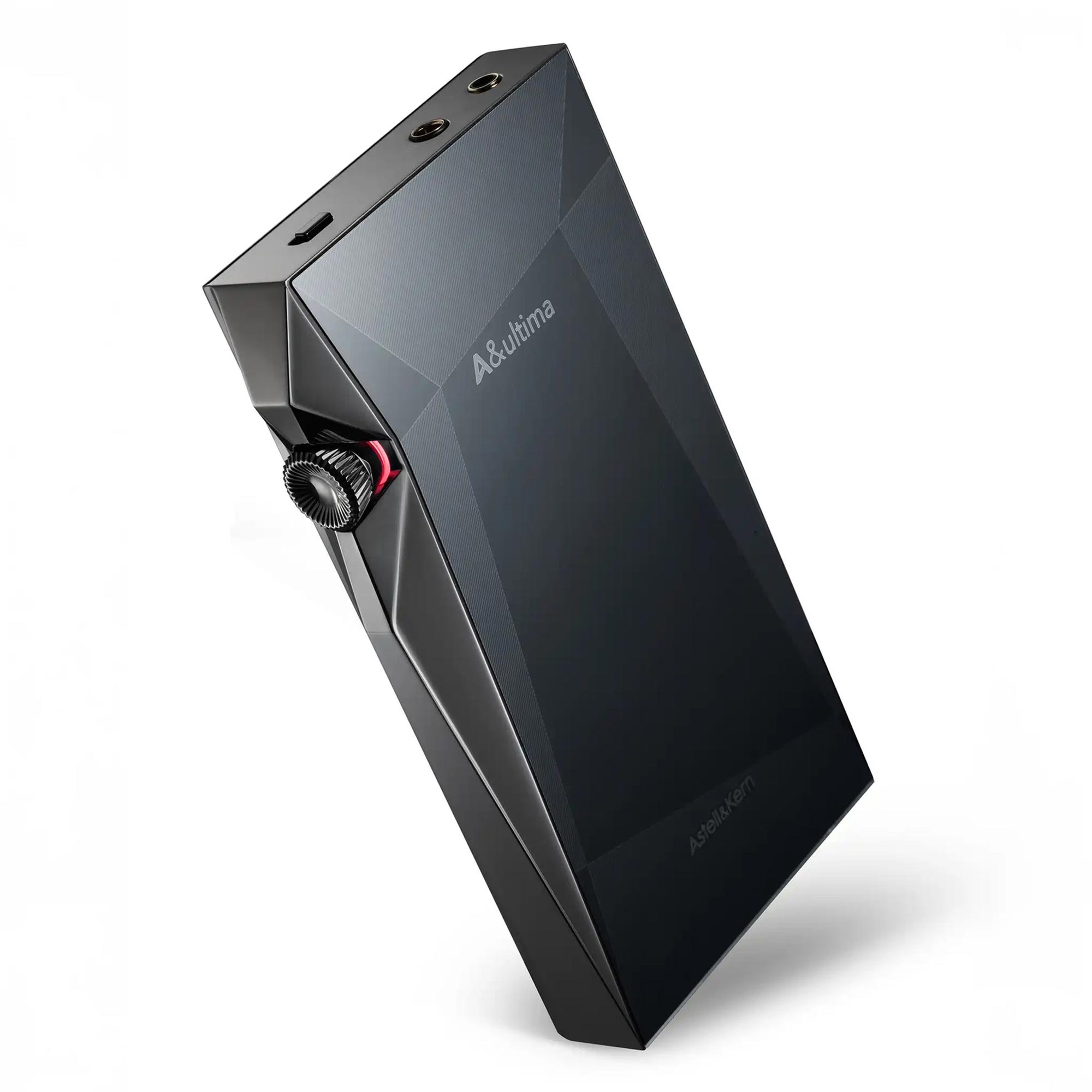 Astell&Kern A&ultima SP4000 Flagship Digital Audio Player angled view showing sleek black body and control knob on white background