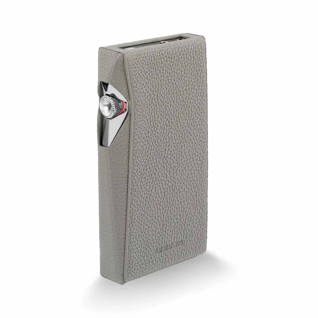 Astell&Kern A&ultima SP4000 Flagship Digital Audio Player in textured gray leather with metal control knob on white background