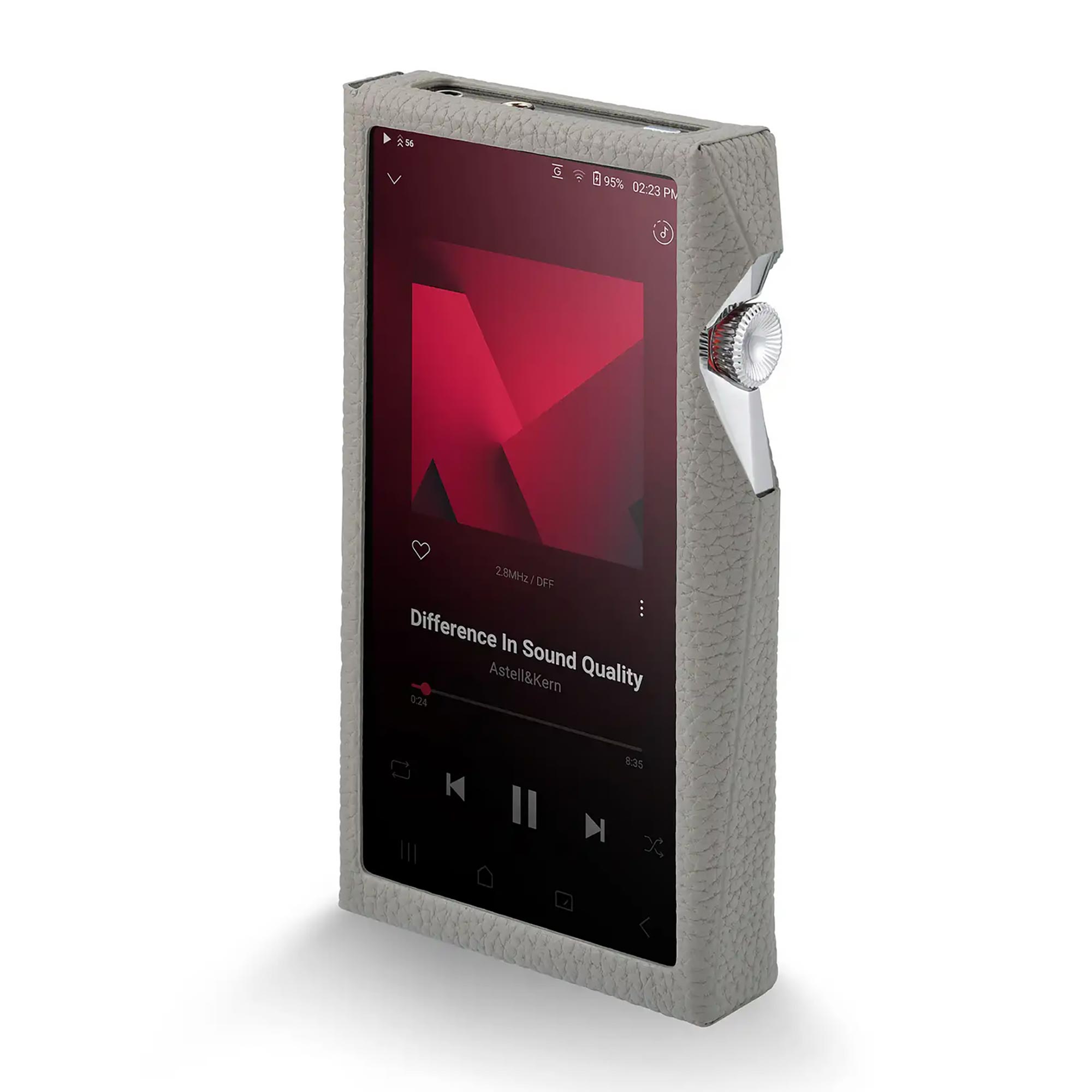 Astell&Kern A&ultima SP4000 Flagship Digital Audio Player in gray leather case showing music playback screen on white background
