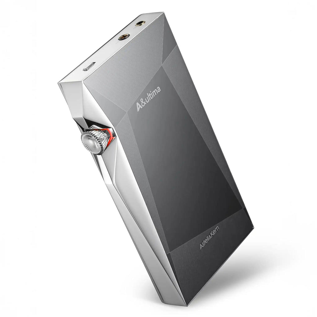 Astell&Kern A&ultima SP4000 Flagship Digital Audio Player with angled volume wheel and metallic body on white background