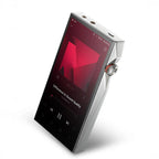 Astell&Kern A&ultima SP4000 Flagship Digital Audio Player angled view with music playback screen and silver metal body on white background