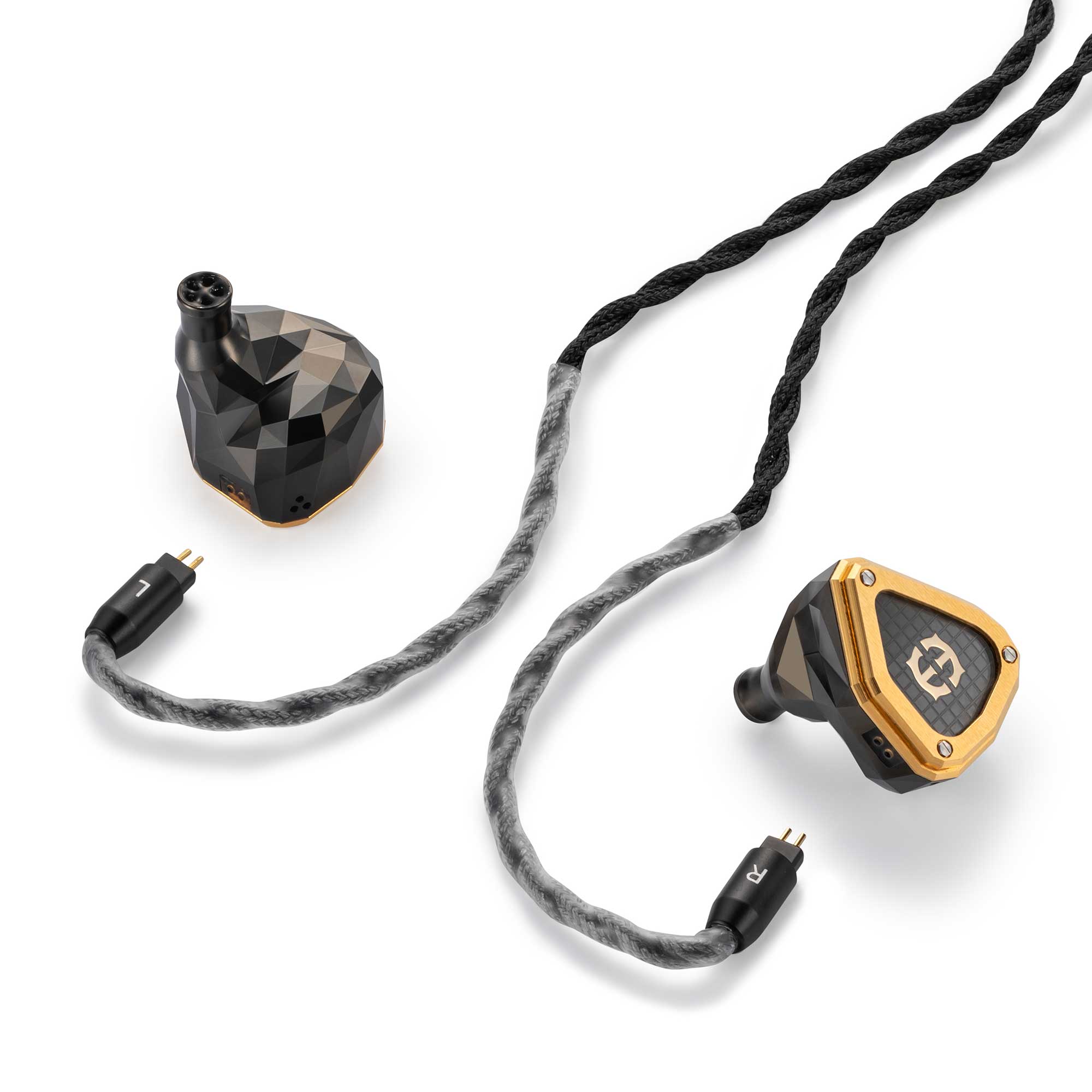 Astell&Kern / Empire Ears NOVUS In-Ear Monitor with black and gold faceted design and braided cable on white background