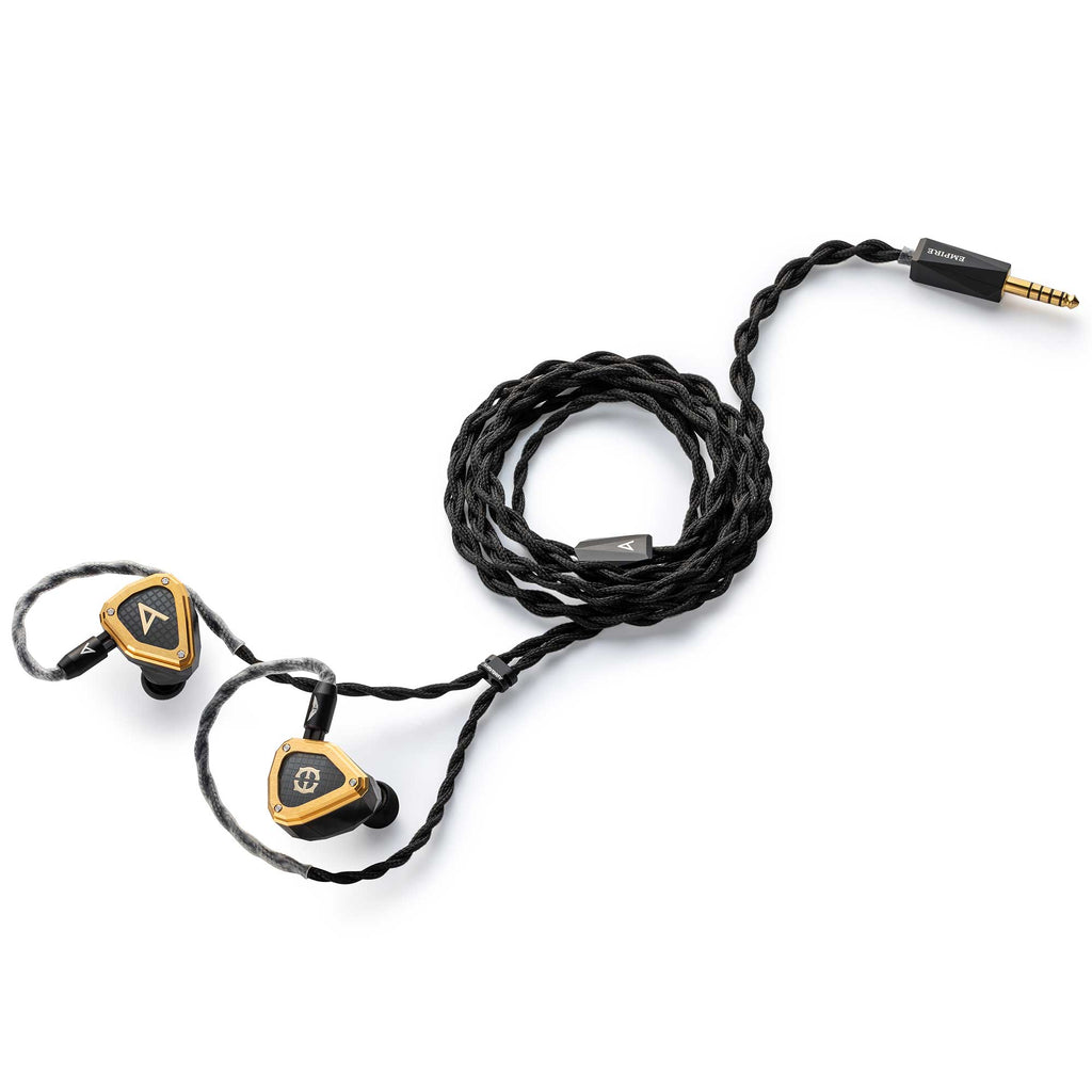 Astell&Kern / Empire Ears NOVUS In-Ear Monitor with black braided cable and gold-accented earpieces on white background