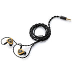 Astell&Kern / Empire Ears NOVUS In-Ear Monitor with black braided cable and gold-accented earpieces on white background