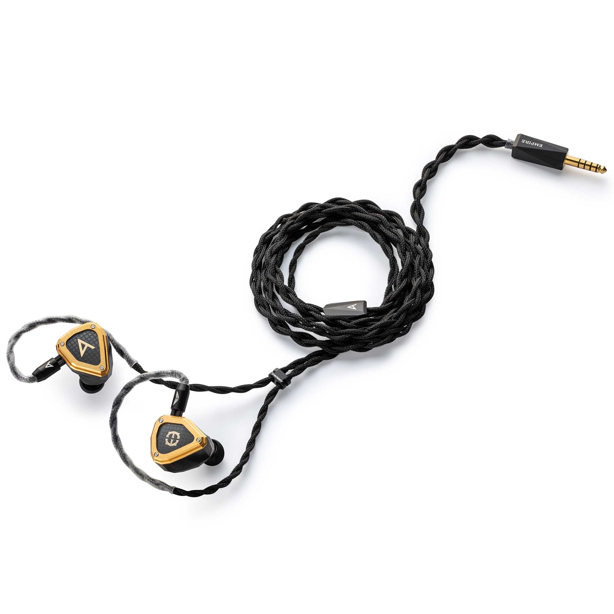 Astell&Kern / Empire Ears NOVUS In-Ear Monitor with black braided cable and gold-accented earpieces on white background