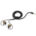 Astell&Kern / Empire Ears NOVUS In-Ear Monitor with black braided cable and gold-accented earbuds on white background