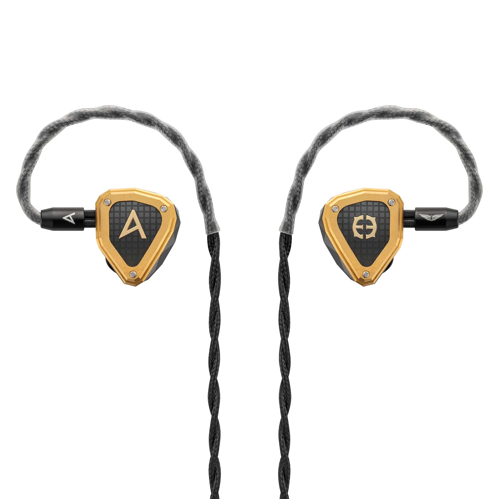 Astell&Kern / Empire Ears NOVUS In-Ear Monitor with gold and black design and braided black cables on white background