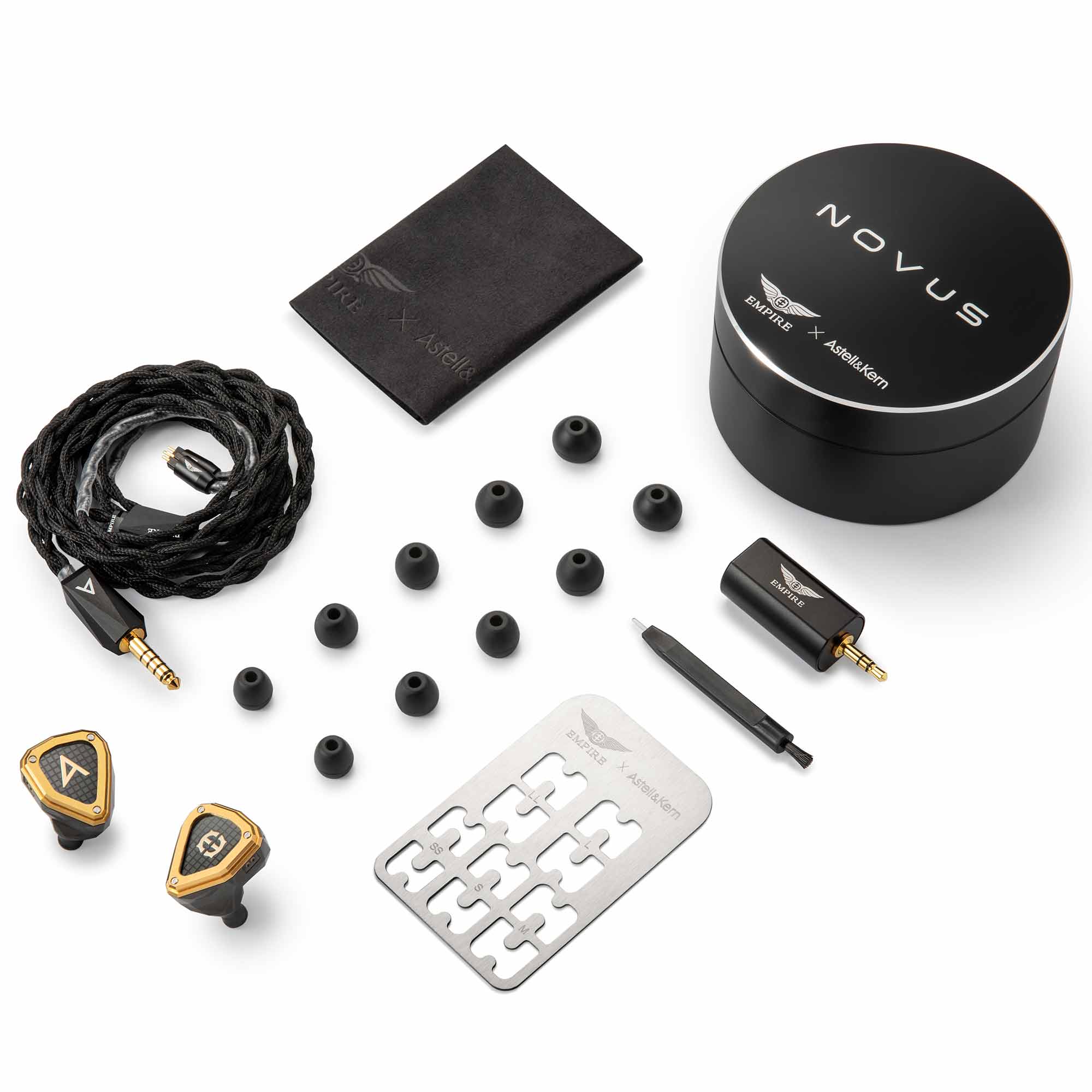 Astell&Kern / Empire Ears NOVUS In-Ear Monitor with black cable, multiple ear tips, case, and accessories on white background
