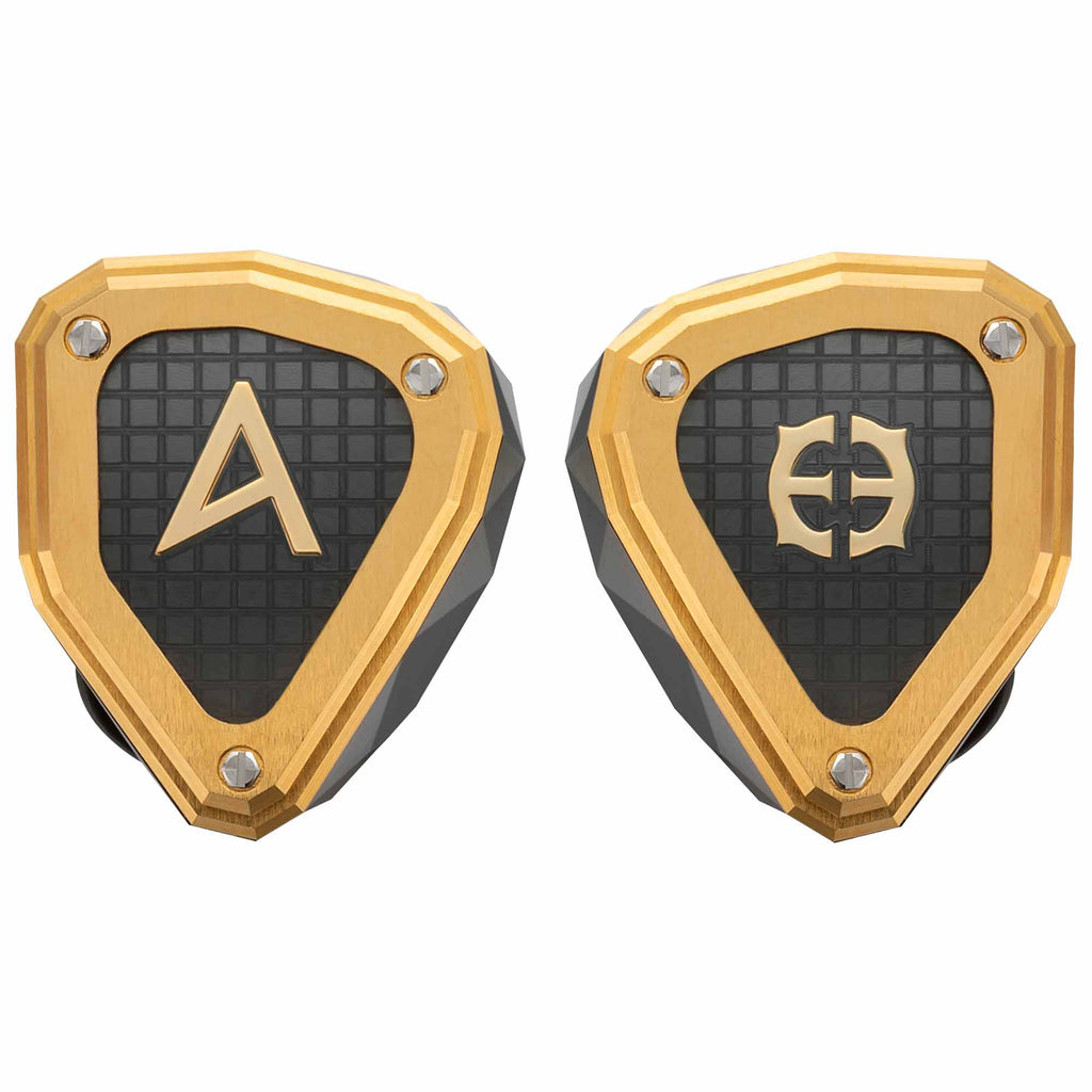 Astell&Kern / Empire Ears NOVUS In-Ear Monitor with black and gold faceplates showing brand logos on white background