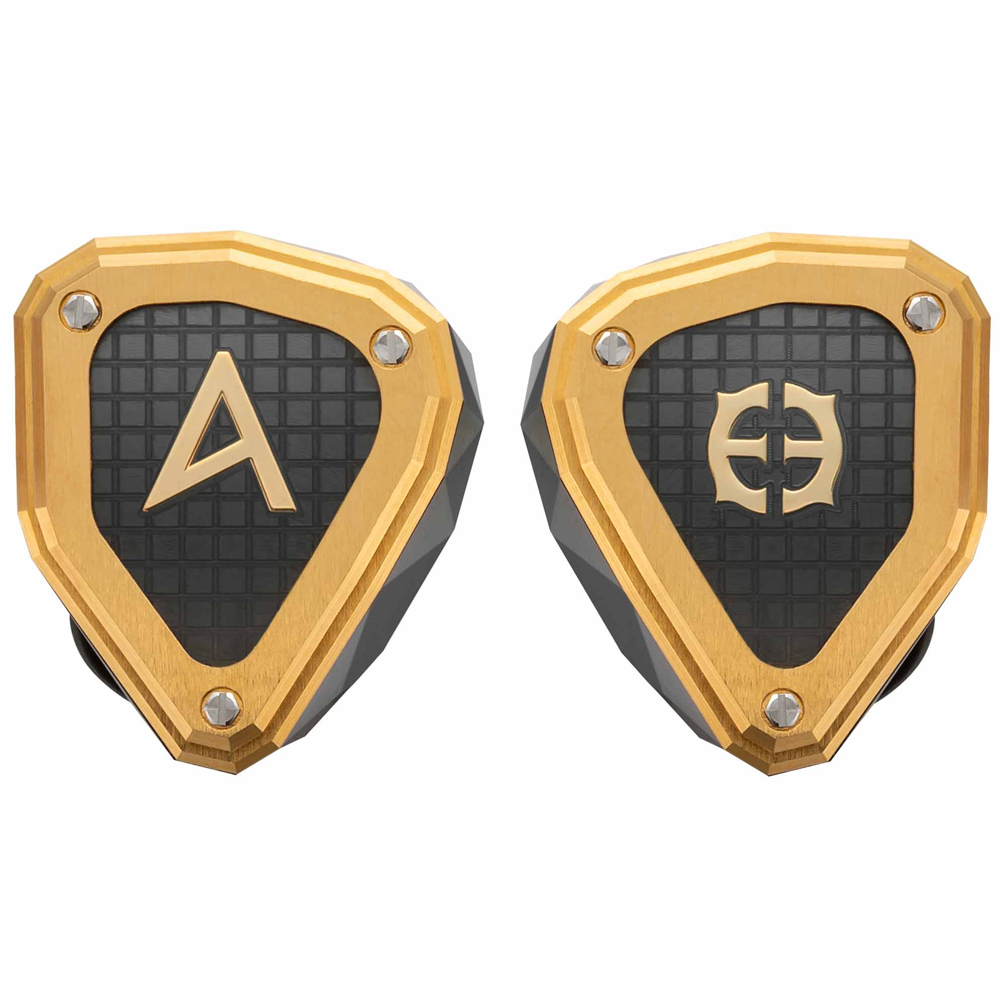 Astell&Kern / Empire Ears NOVUS In-Ear Monitor with black and gold faceplates showing brand logos on white background