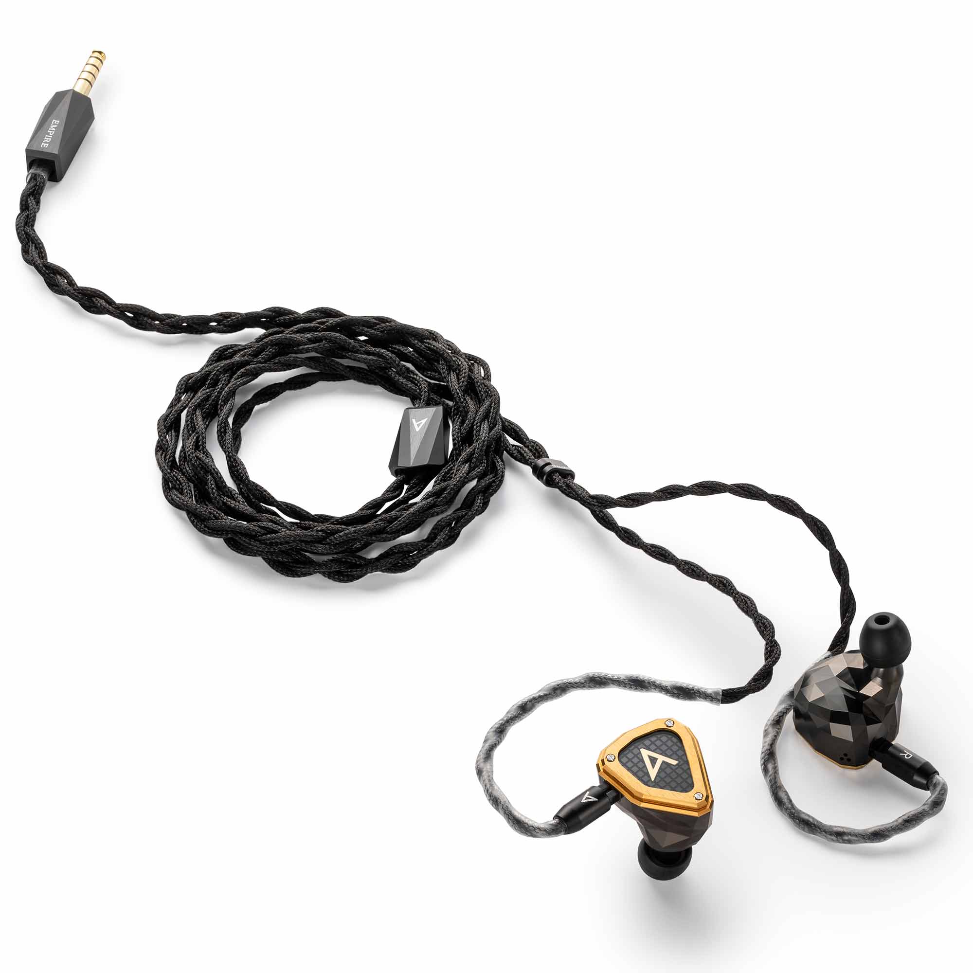 Astell&Kern / Empire Ears NOVUS In-Ear Monitor with braided cable and gold-tone detail on white background